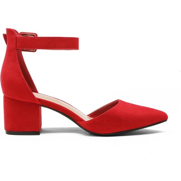 Dream Pairs Women's Red Suede Pointed Closed Toe Low Block Ankle Strap Heels - Picture 5 of 9
